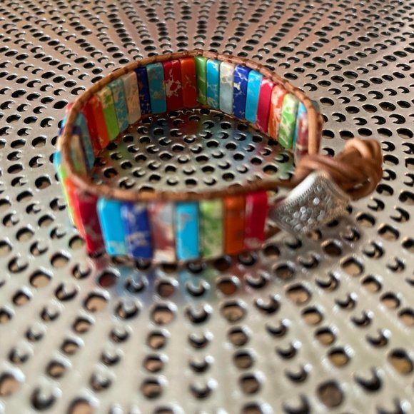 7 Chakra Bracelet Handmade Natural Stone Tube Beads Leather Wrap Women Bangle - Picture 8 of 9